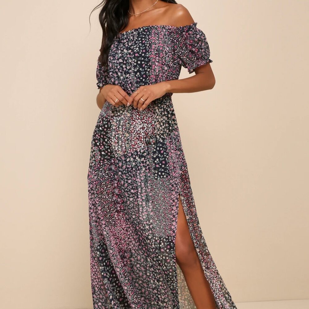 Lulus Blue Floral Off Shoulder Maxi Dress New Large Neva Navy Blue Floral Print - Picture 11 of 15